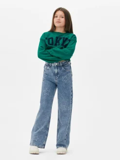 Hot Denim-Jeans Mit Weitem Bein Und Strasssteinen In Sternform Kinder Jeans