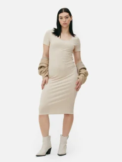 Hot Geripptes, Kurzärmeliges Midikleid Damen Kleider