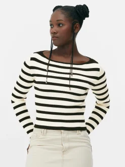 Discount Geripptes Top Mit U-Boot-Ausschnitt Damen Pullover Und Cardigans