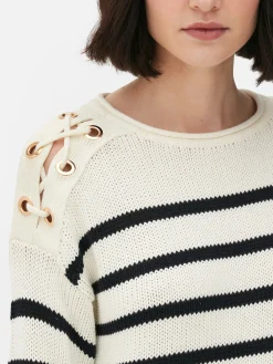 Outlet Gestreifter Pullover Mit Schnürung Im Schulterbereich Damen Pullover Und Cardigans