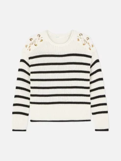 Outlet Gestreifter Pullover Mit Schnürung Im Schulterbereich Damen Pullover Und Cardigans