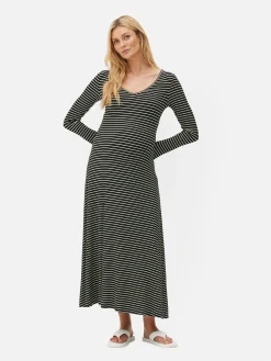 Outlet Gestreiftes Umstands-Midikleid Mit V-Ausschnitt Damen Kleider