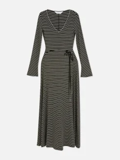 Outlet Gestreiftes Umstands-Midikleid Mit V-Ausschnitt Damen Kleider