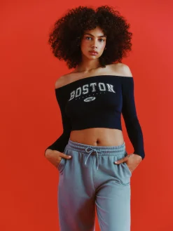 New Langärmeliges, Bauchfreies Bardot-Top Damen Tops Und T-Shirts