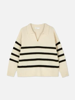 Clearance Pullover Mit Polokragen Und Streifen Damen Pullover Und Cardigans