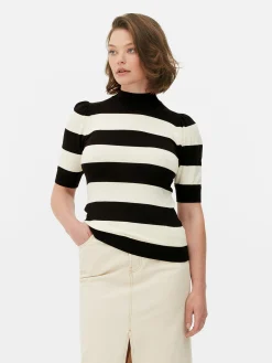 Stricktop Mit Puffärmeln Und Hohem Kragen Damen Pullover Und Cardigans